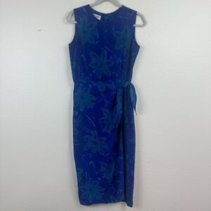 Vintage Maggy London Petites Floral Sleeveless Silk Midi Wrap Dress Blue 6